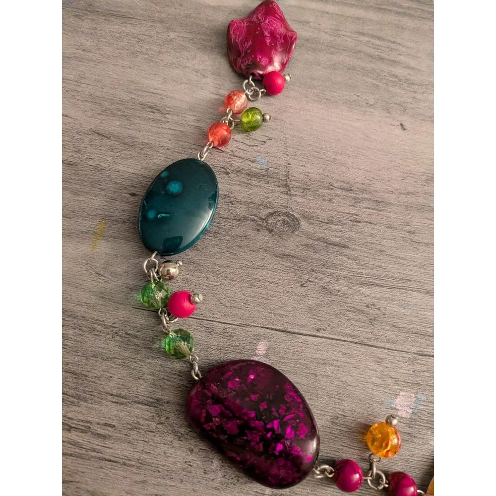 Boho Multi Color Mixed Media Bead Statement Necklace Silver Tone Enamel Pendant